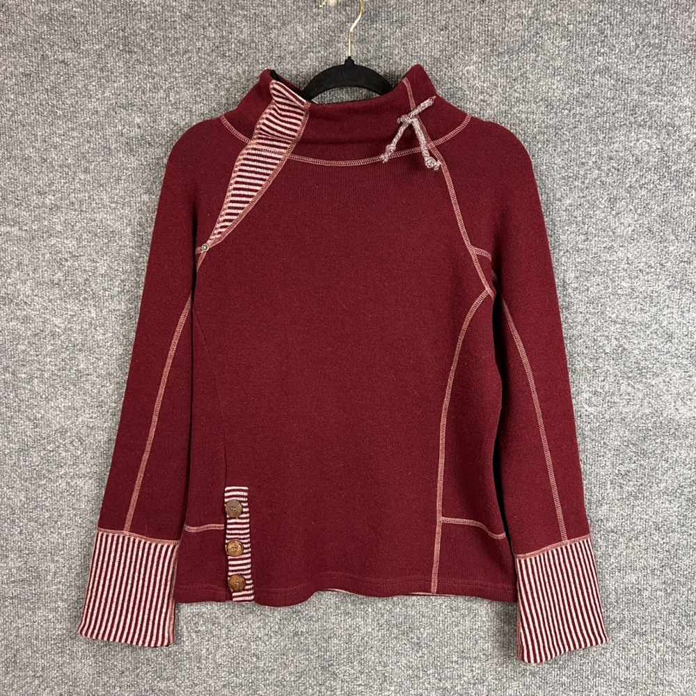 Prana Womens Small Red Stripe Trim‎ Mock Neck Pullover Sweatshirt Sweater